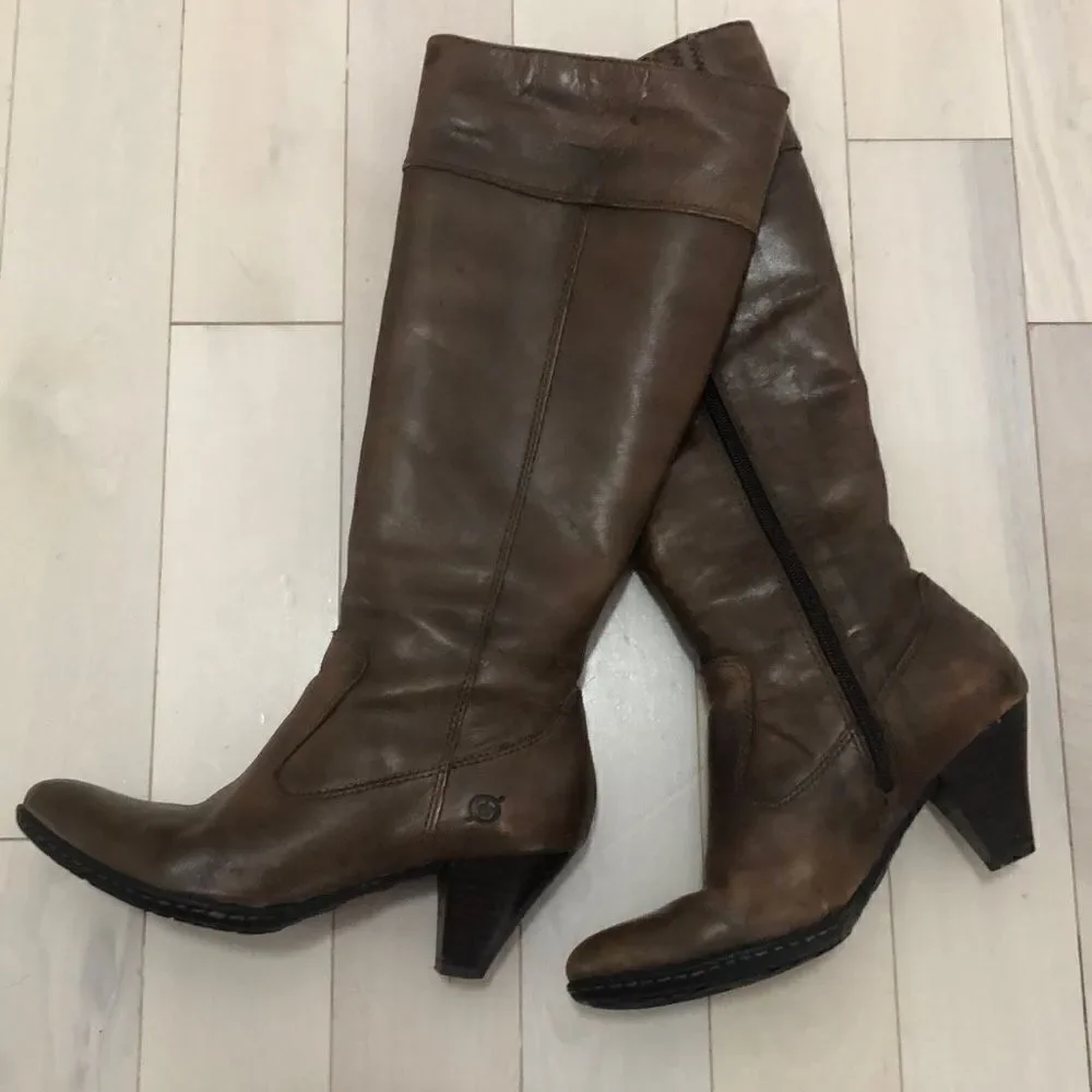 Born Shoes Women's Mallory Style Leather High Boots Brown Size 6